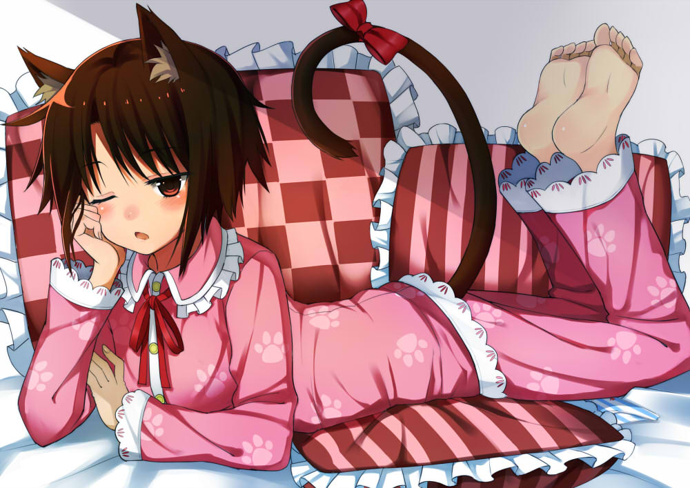1girl, 501092-taka, ;o, animal_ears, barefoot, blush, brown_eyes, brown_hair, cat_ears, cat_tail, feet, female_focus, head_rest, jpeg_artifacts, kemonomimi_mode, leg_up, lying, on_stomach, one_eye_closed, original, pajamas, paw_print, pillow, ribbon, short_hair, soles, solo, striped, tail, toes, wink