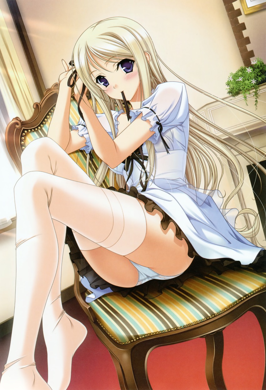 1girl, absurdres, adjusting_hair, blonde_hair, blue_eyes, chair, chait, dutch_angle, feet, female_focus, hair_ribbon, highres, huge_filesize, komori_kei, legs, legs_up, long_legs, looking_at_viewer, maria_van_hossen, mouth_hold, no_shoes, panties, pantyshot, princess_lover, ribbon, sitting, solo, thighhighs, thighs, underwear, white_panties, white_thighhighs