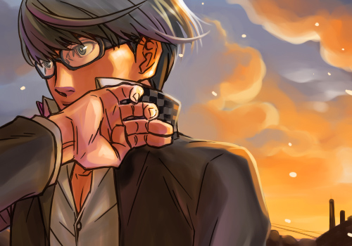 1boy, atlus, brown_hair, glasses, lowres, male_focus, narukami_yu, persona