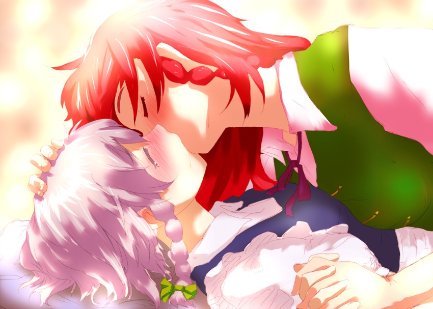 2girls, blush, braid, closed_eyes, couple, female_focus, hand_on_another's_head, holding_hands, hong_meiling, izayoi_sakuya, kiss, long_hair, maid, multiple_girls, red_hair, revision, saliva, short_hair, silver_hair, soubi, tears, touhou, twin_braids, yuri