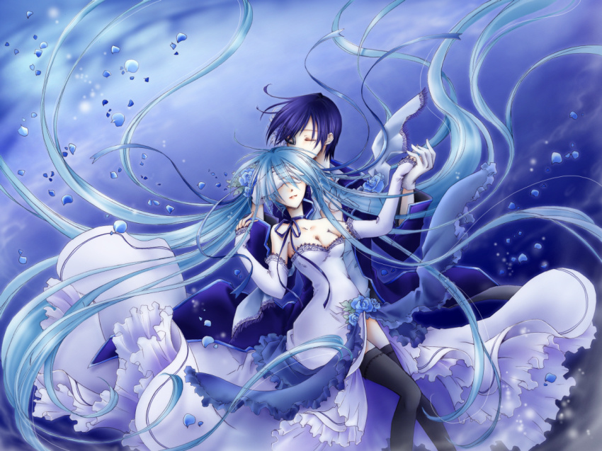 1boy, 1girl, aqua_hair, blue_hair, breasts, cantarella_(vocaloid), cleavage, covering_own_eyes