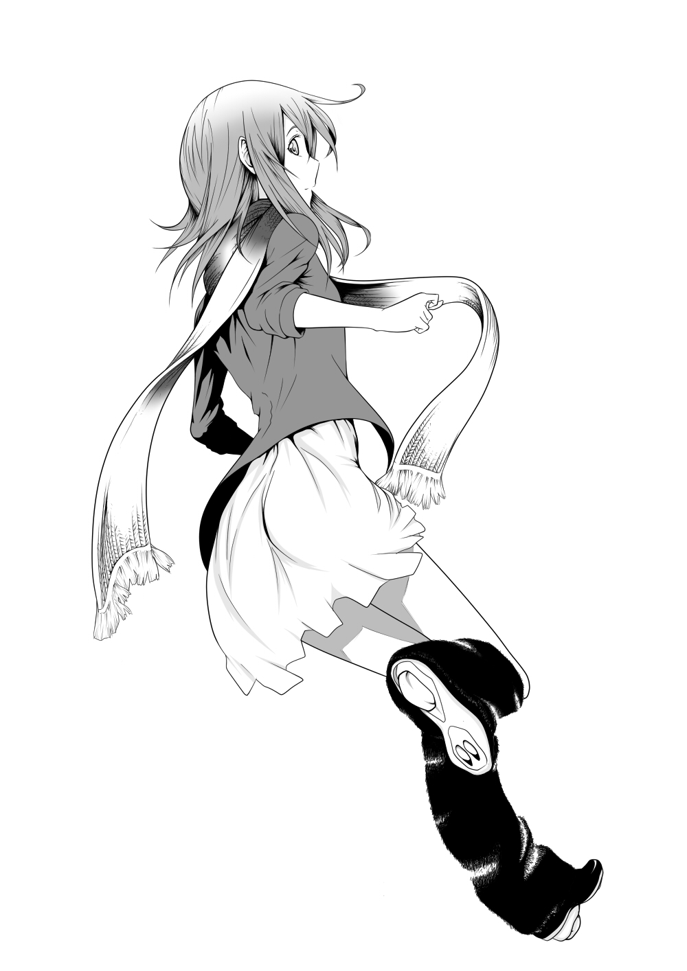 1girl, air_gear, female_focus, gazelle_(air_gear), greyscale, highres, iyakun, long_hair, looking_back, monochrome, scarf, simple_background, solo, white_background