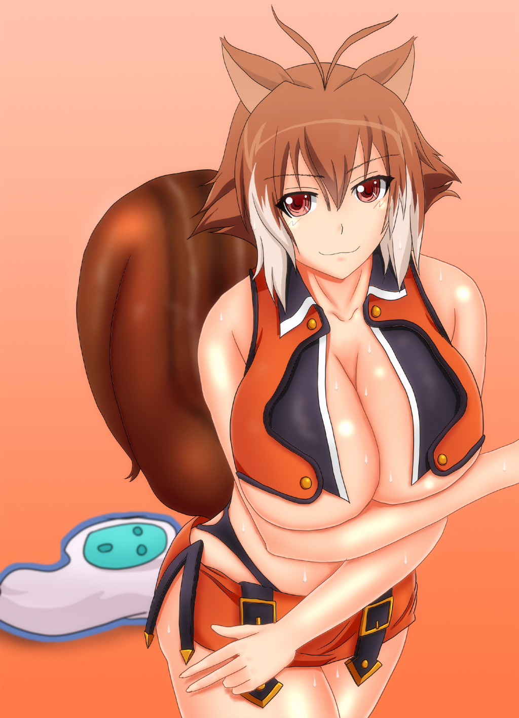 1girl, animal_ears, antenna_hair, arakune, arc_system_works, bare_shoulders, blazblue, blazblue:_calamity_trigger, blazblue:_continuum_shift, breasts, brown_eyes, brown_hair, cleavage, female_focus, highres, large_breasts, looking_at_viewer, makoto_nanaya, midriff, muutsu_(maxwell0916), navel, orange_skirt, skirt, smile, solo, squirrel_ears, squirrel_tail, tail, thighs, underboob, wardrobe_malfunction