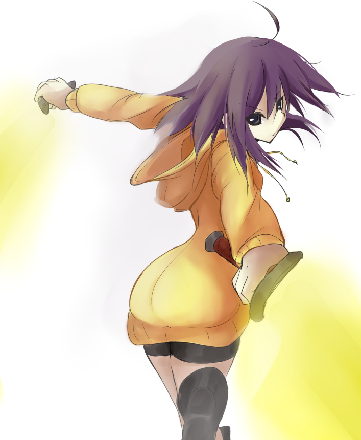 1girl, ahoge, bike_shorts, black_thighhighs, brown_eyes, brown_hair, dual_wielding, female_focus, from_behind, holding, hood, hoodie, knife, linne_(under_night_in-birth), nayakaiser, reverse_grip, short_hair, solo, sword, thighhighs, under_night_in-birth, weapon