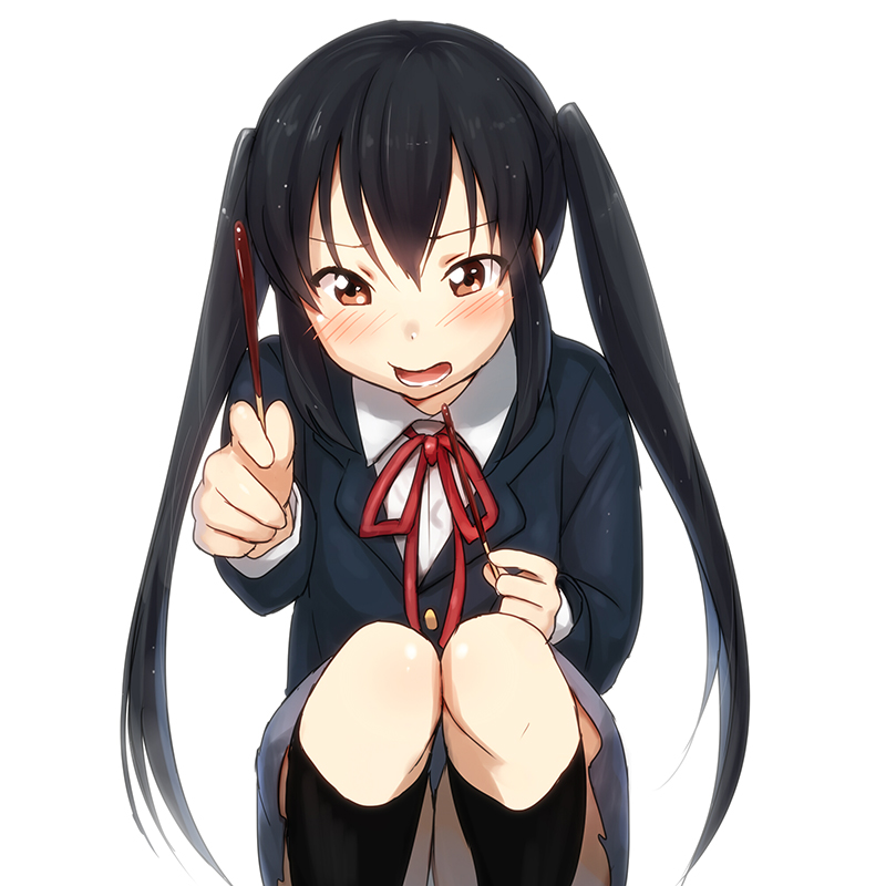 1girl, black_hair, blazer, brown_eyes, female_focus, food, jacket, k-on!