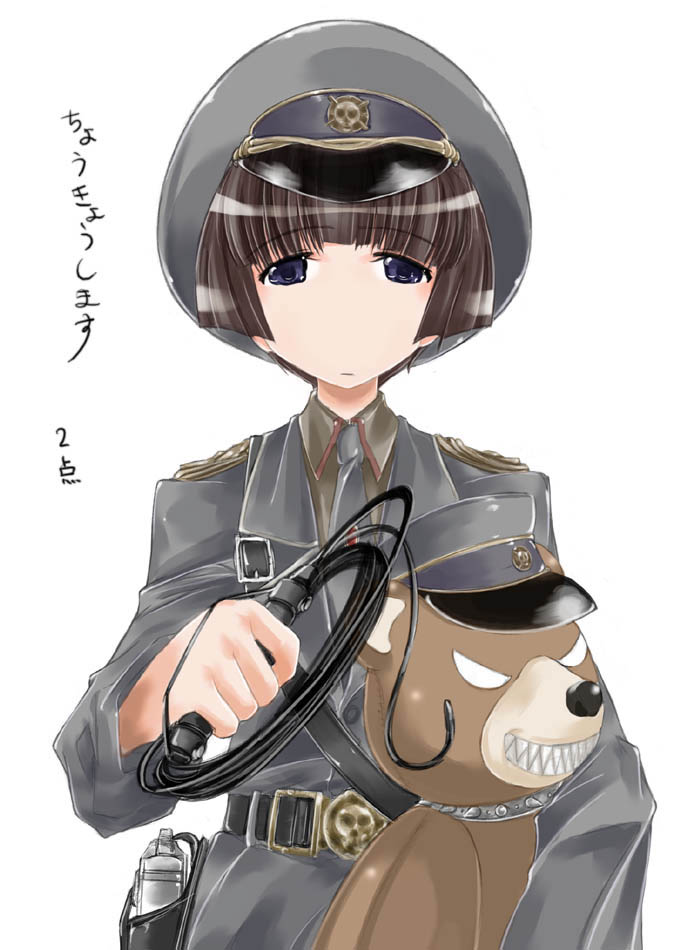 1girl, abubu, blue_eyes, brown_hair, collar, female_focus, hat, kagura_marie, military, military_uniform, nazi, peaked_cap, simple_background, solo, spiked_collar, spikes, stuffed_animal, stuffed_toy, teddy_bear, teeth, tona-gura!, whip, white_eyes, world_war_ii