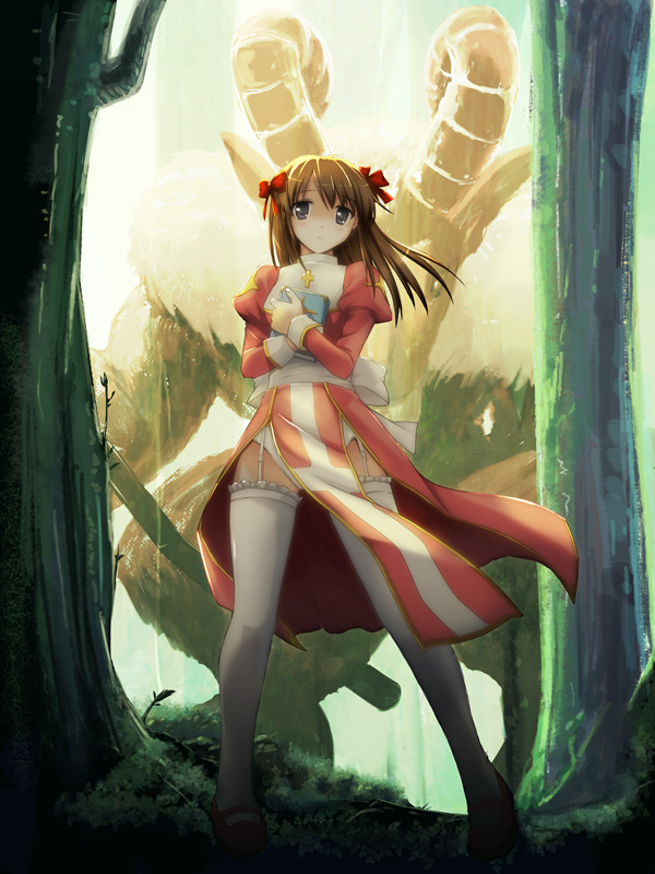 1girl, baphomet_(mythology), book, bow, brown_hair, cross, female_focus, garter_straps