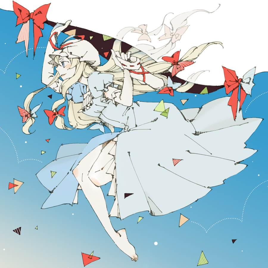 1girl, asahi_(uwa), asasui, barefoot, blonde_hair, blue_eyes, bow, dress