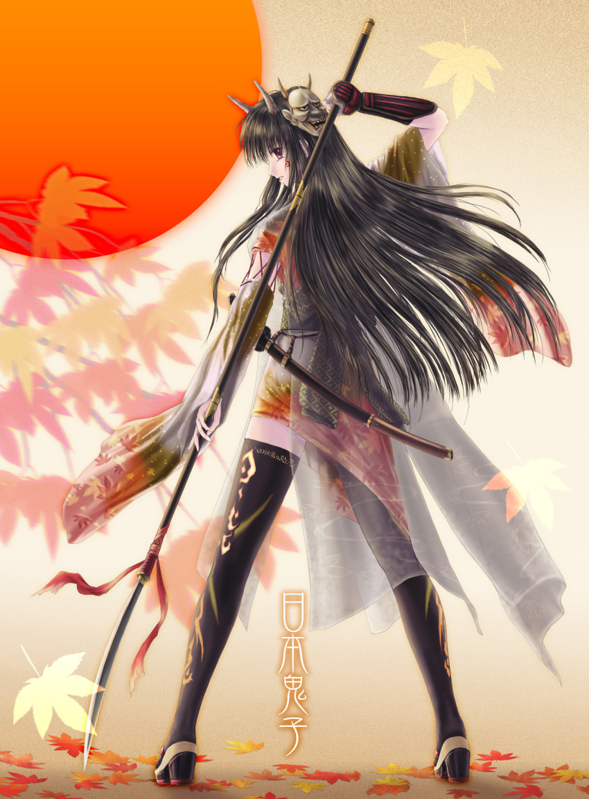 1girl, black_hair, bow, facial_mark, female_focus, from_behind, gauntlets, gloves, hannya, highres, hinomoto_oniko, holding, holding_behind_back, holding_weapon_behind_back, horns, katana, long_hair, looking_at_viewer, looking_back, mask, naginata, noh_mask, ntake_toukasaien, oni, original, polearm, revision, see-through_clothes, sheath, solo, spear, standing, sword, tachi_(weapon), thighhighs, weapon