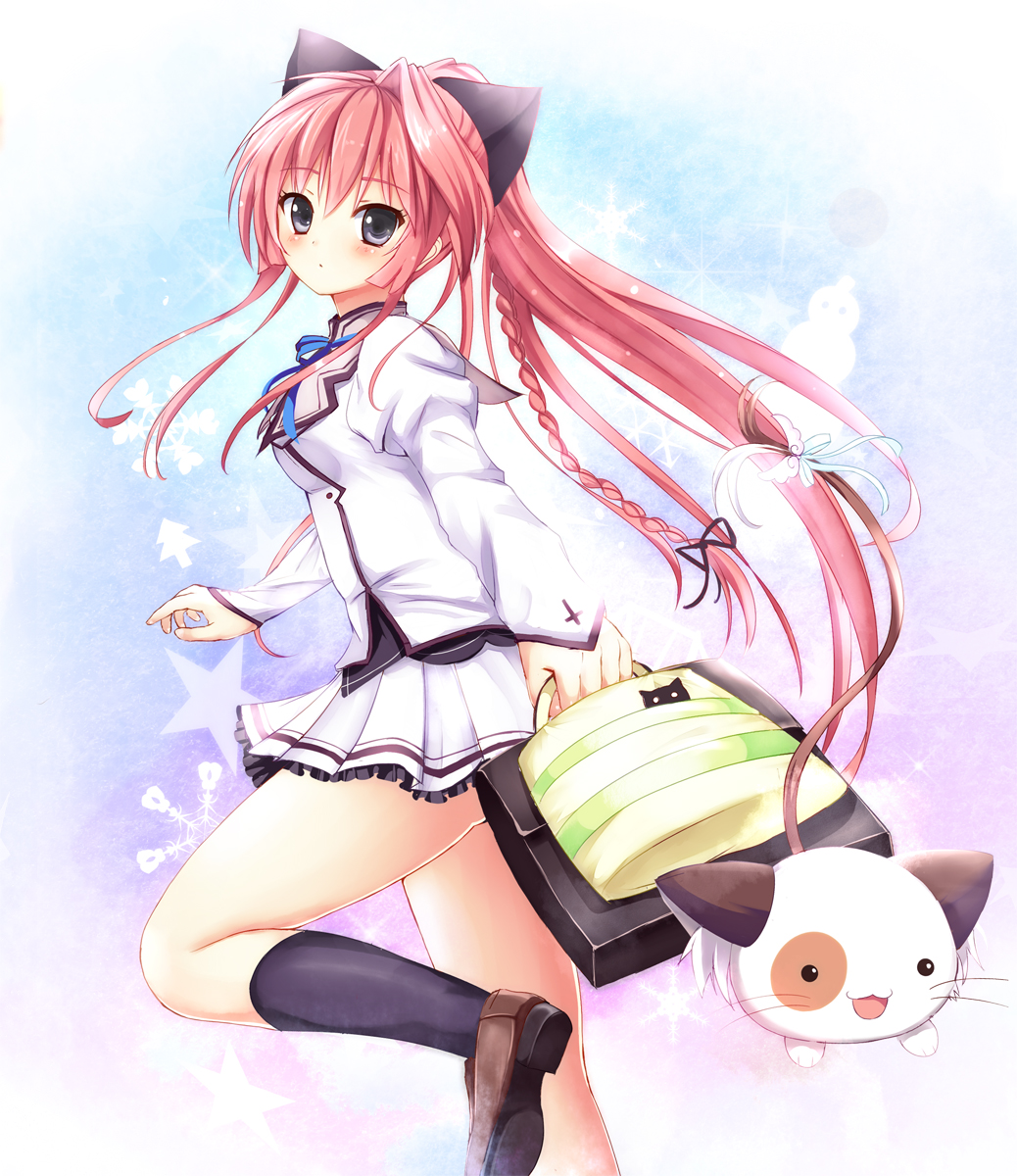 1girl, :o, animal_ears, black_socks, blush, bow, braid, cat
