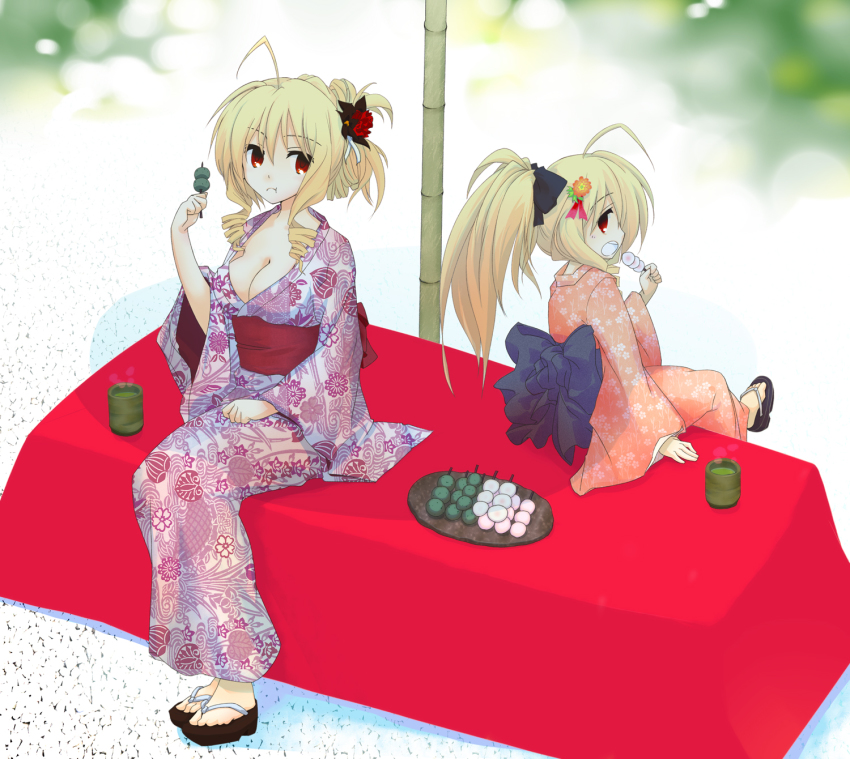 2girls, ahoge, blonde_hair, breasts, cleavage, cup, dango, dual_persona