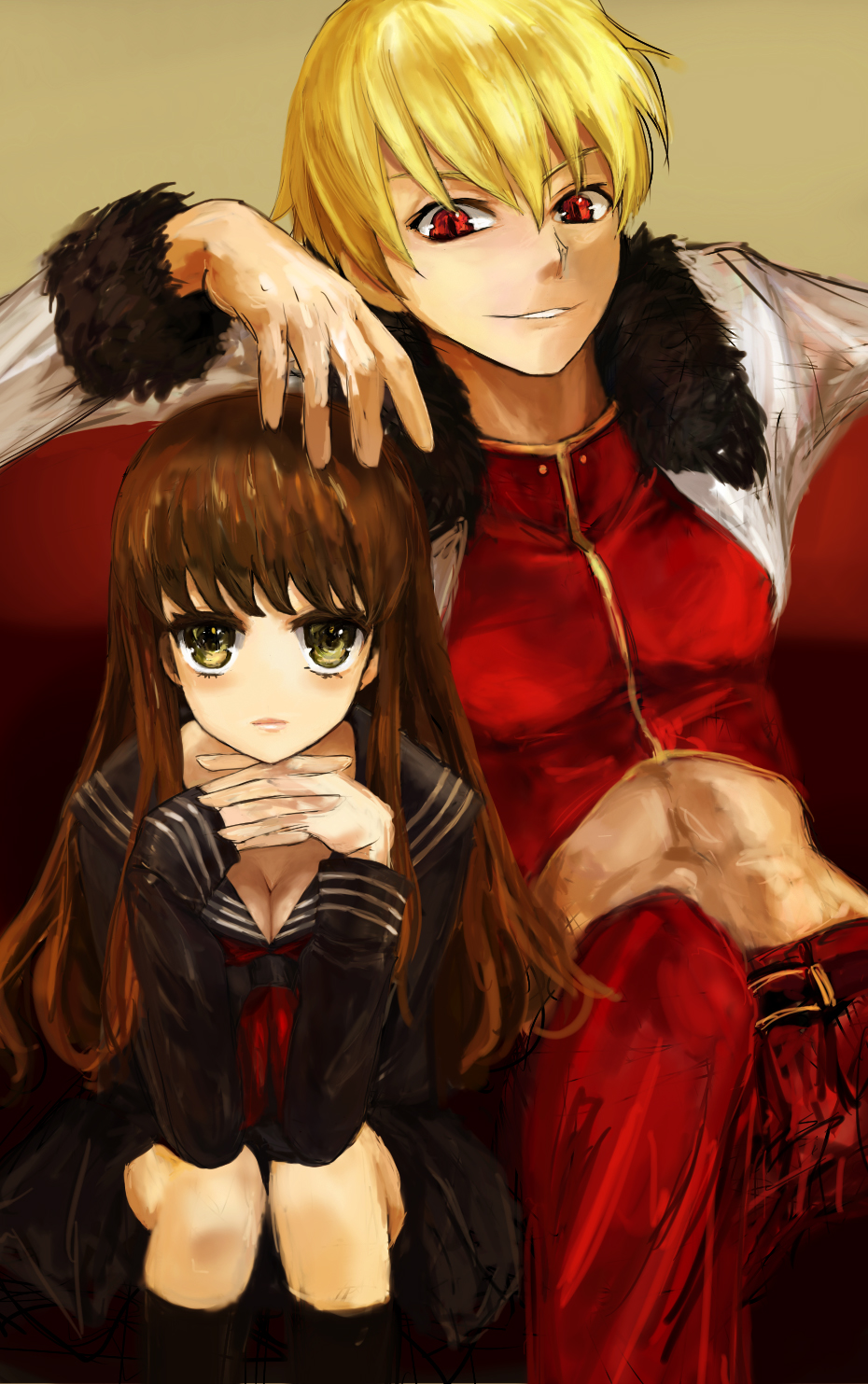 10s, 1boy, 1girl, blonde_hair, breasts, brown_eyes, brown_hair, cleavage