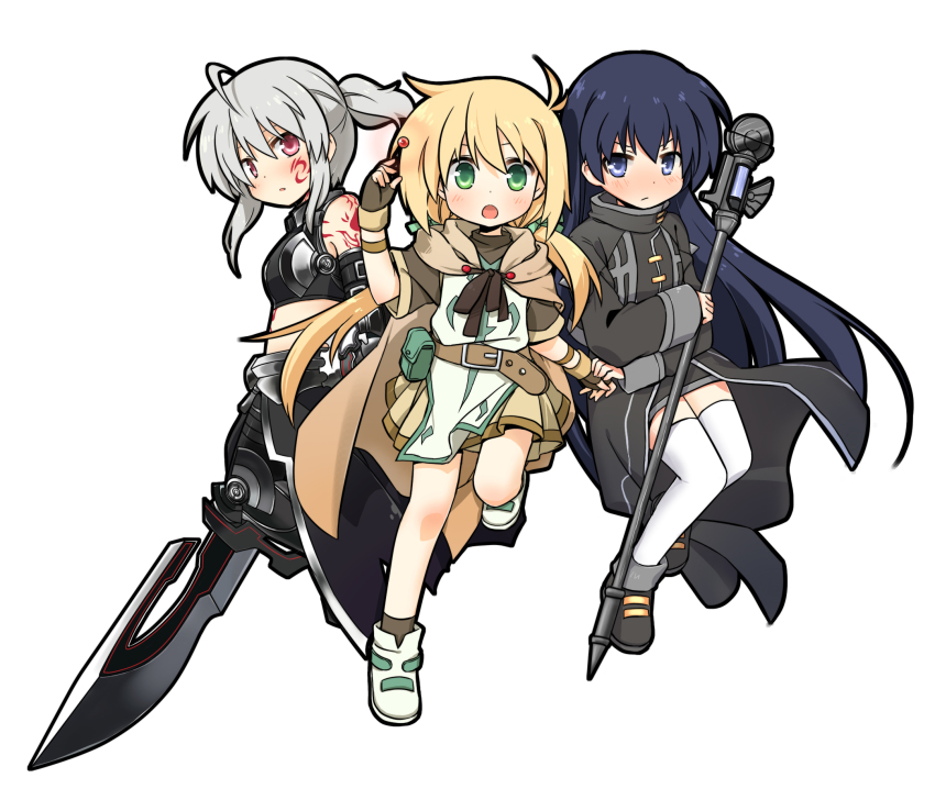 1boy, 2girls, ahoge, armor, bare_shoulders, belt, black_hair, blonde_hair
