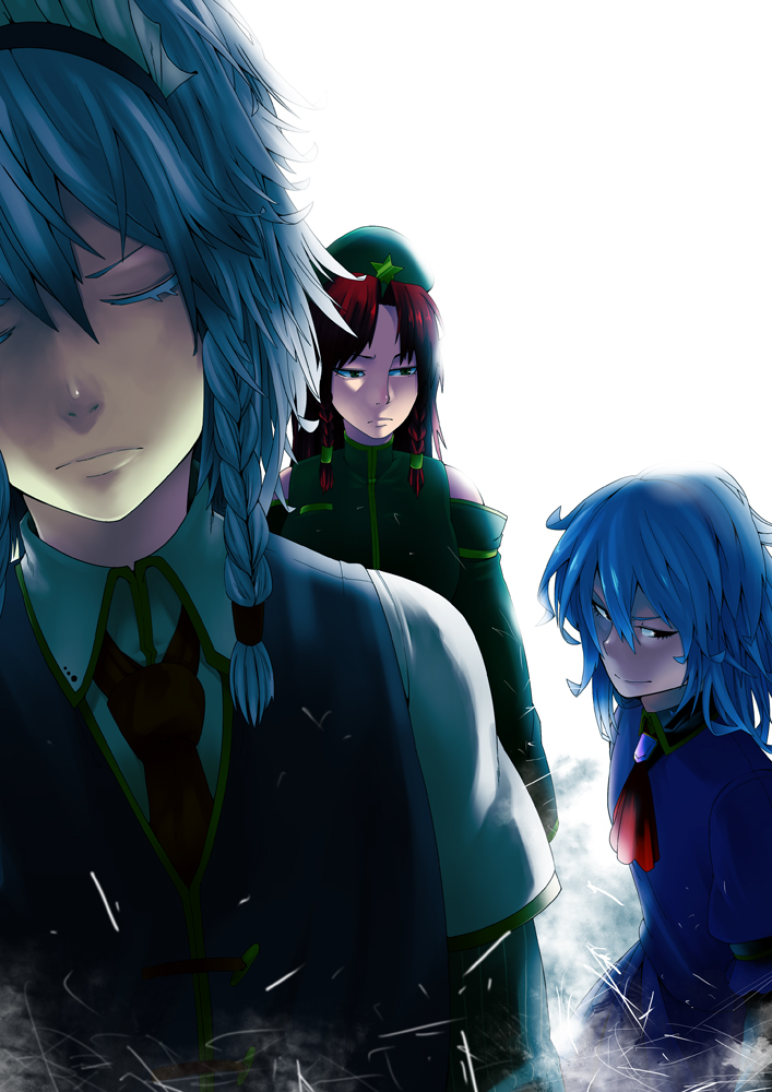 3girls, alternate_costume, atumi, atumi20jp, blue_hair, braid, female_focus, formal_clothes