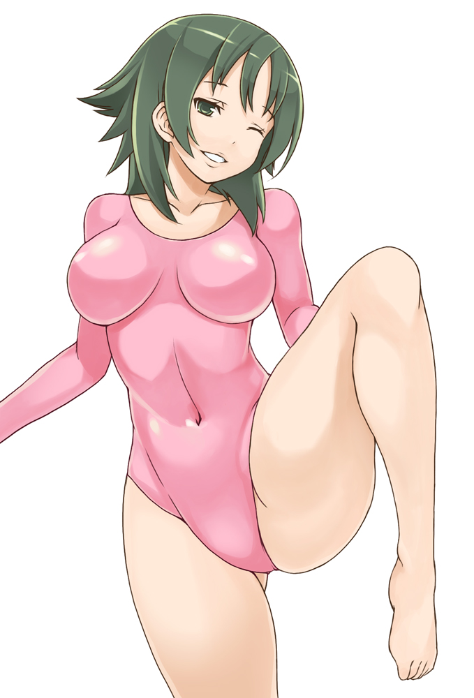 1girl, athletic_leotard, atsuko_(minami-ke), bad_id, bad_pixiv_id, barefoot, collarbone, covered_navel, feet, female_focus, green_eyes, green_hair, gymnastics, leg_up, leotard, matching_hair/eyes, minami-ke, mo-fu, one_eye_closed, plantar_flexion, short_hair, simple_background, solo