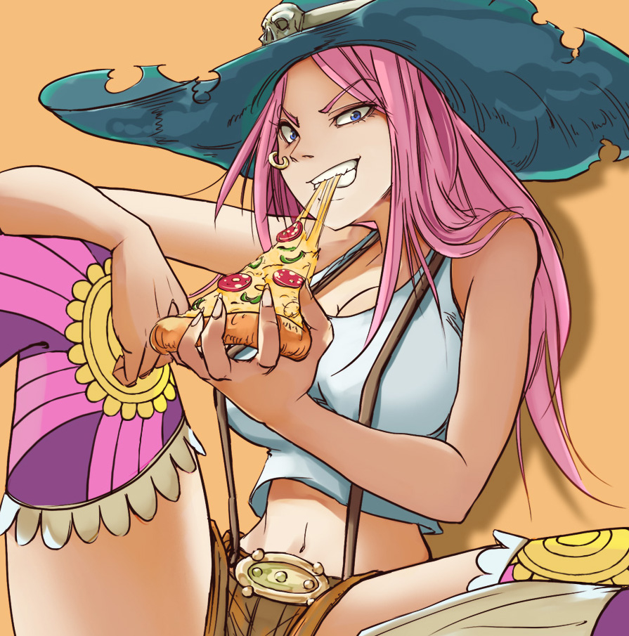 1girl, blue_eyes, eating, female_focus, food, hako_(daibanchou), hat, jewelry_bonney, long_hair, looking_at_viewer, navel, one_piece, patterned_legwear, pink_hair, pizza, sitting, solo, spread_legs, suspenders, thighhighs