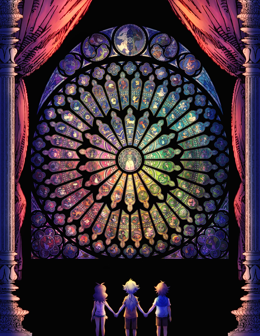 10s, 1girl, 2boys, absolutely_everyone, absurdres, accelgor, aged_down, alomomola