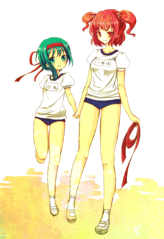2girls, alternate_costume, buruma, female_focus, green_hair, gym_uniform, holding_hands, kinokobatake