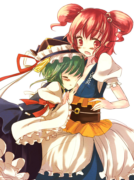 2girls, blush, closed_eyes, female_focus, green_hair, hair_bobbles, hair_ornament, hat, kinokobatake, multiple_girls, onozuka_komachi, open_mouth, red_eyes, red_hair, shiki_eiki, short_hair, short_twintails, touhou, twintails, two_side_up, yuri