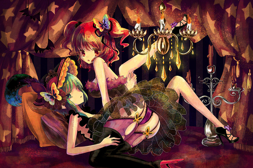 2girls, ass, bat_(animal), breasts, bug, butterfly, candelabra, candle, candlestand, chandelier, curtains, feathers, female_focus, flower, frills, garter_straps, green_hair, hat, high_heels, insect, kinokobatake, large_breasts, looking_at_viewer, multiple_girls, onozuka_komachi, panties, pillow, red_hair, shiki_eiki, shoes, short_hair, sideboob, star_(symbol), touhou, twintails, two_side_up, underwear