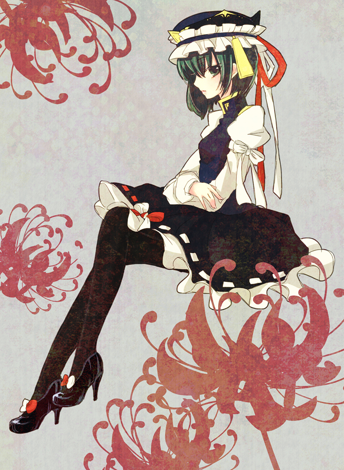 1girl, black_pantyhose, black_shoes, blue_hat, crossed_legs, female_focus, green_eyes, green_hair