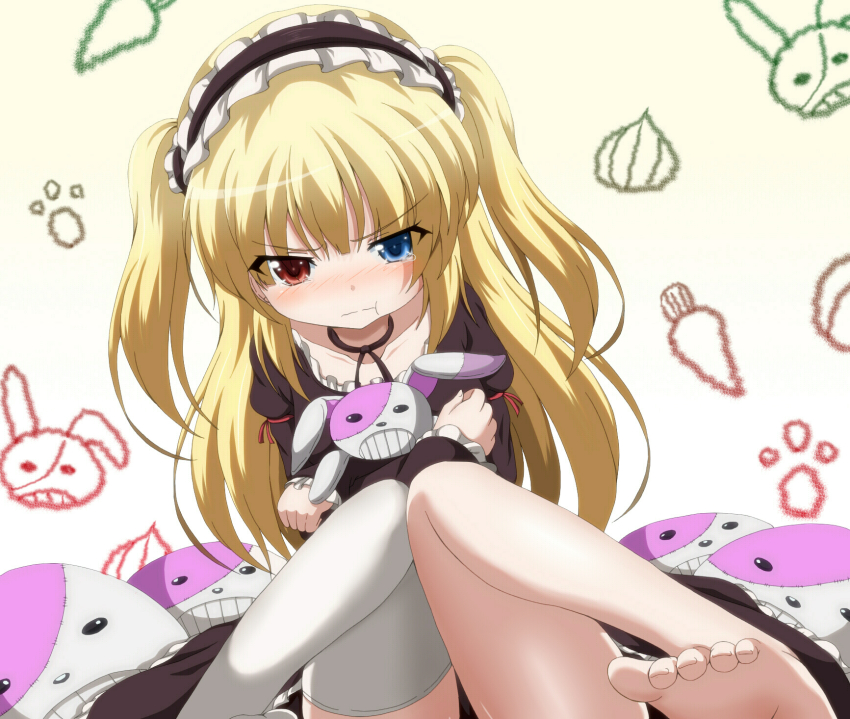 10s, 1girl, :t, alternate_legwear, barefoot, blonde_hair, blue_eyes, blush