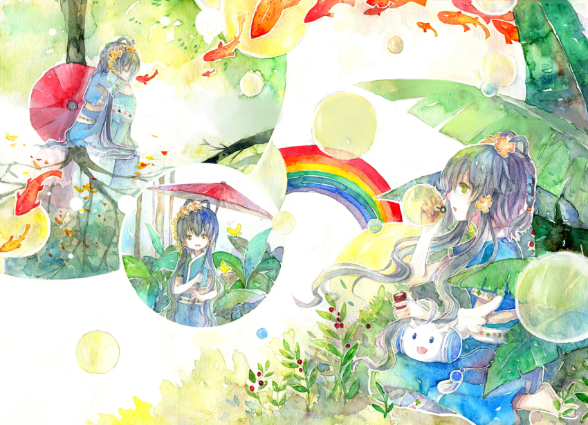 1girl, bubble, fish, luo_tianyi, multiple_views, rainbow, rue_(wyha666), short_hair_with_long_locks, tian_dian, umbrella, vocaloid, vsinger_(vocaloid)