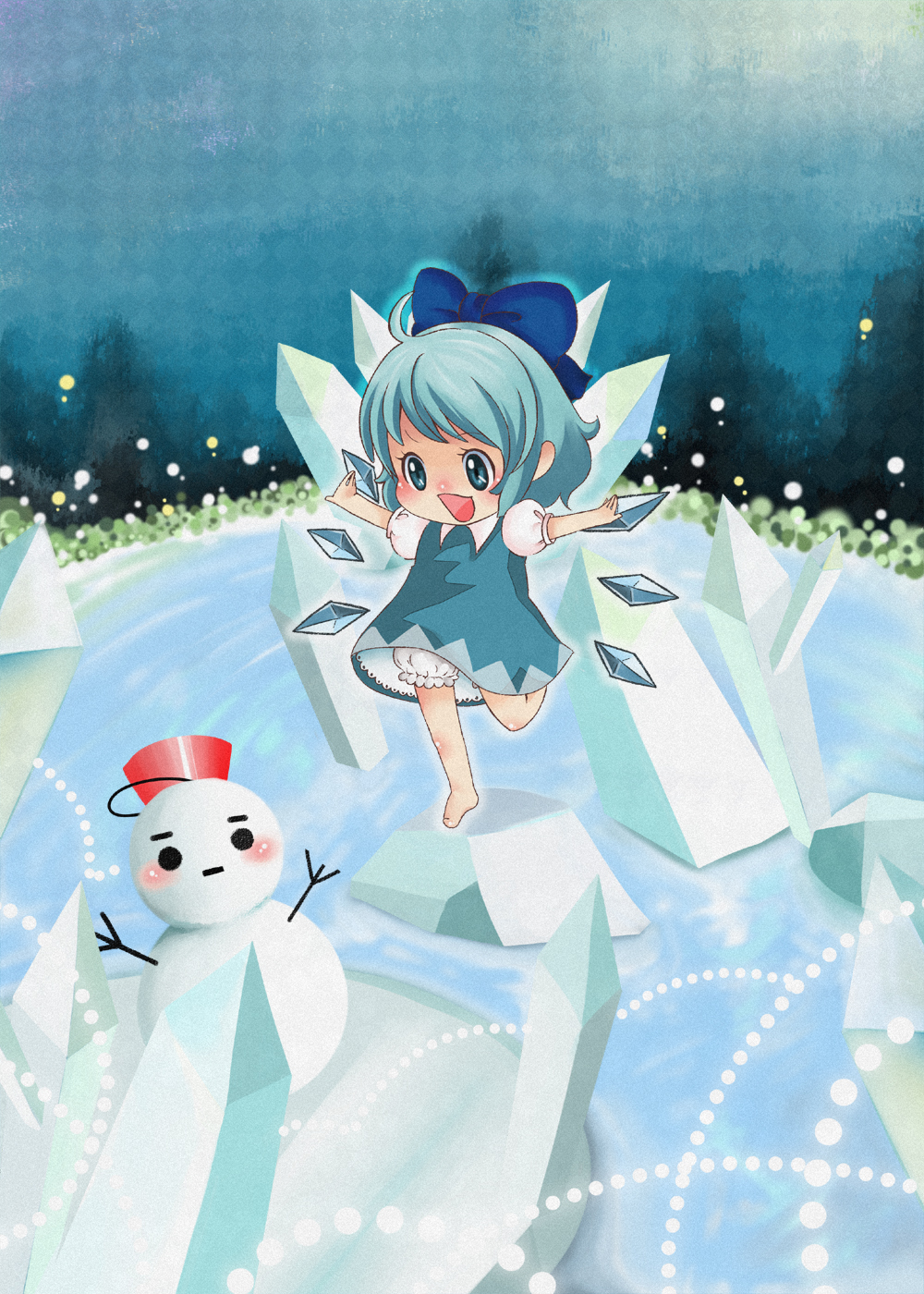 :d, bad_id, bad_pixiv_id, barefoot, bloomers, blue_eyes, blue_hair, child, cirno, happy, highres, ice, open_mouth, smile, snowman, solo, touhou, underwear, winter, yagami_otoya