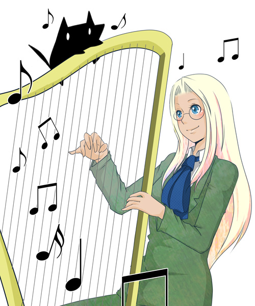 1girl, alternate_form, alucard_(hellsing), ascot, bad_id, bad_pixiv_id, blonde_hair, blue_eyes, blush, dress, female_focus, glasses, green_dress, harp, hellsing, instrument, integra_hellsing, long_hair, musical_note, smile, solo, yagami_otoya