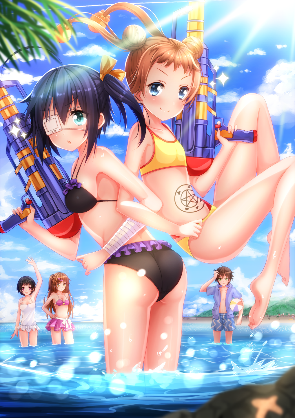 10s, 1boy, 4girls, :o, ahoge, aqua_eyes, arm_up, ass