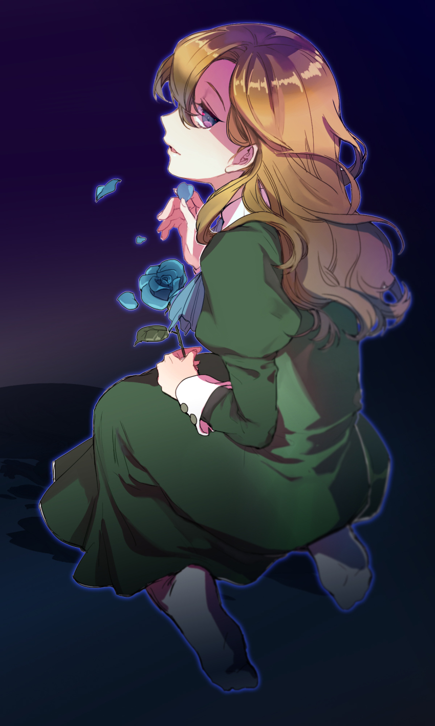1girl, bad_id, bad_pixiv_id, blonde_hair, blue_eyes, blue_flower, blue_rose, dress, female_focus, flower, highres, ib_(kouri), kneeling, long_hair, looking_back, mary_(ib), petals, rose, solo, sunmu