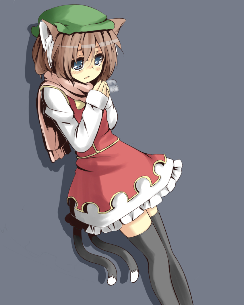 1girl, animal_ears, bad_id, bad_pixiv_id, black_thighhighs, breath, brown_eyes, brown_hair