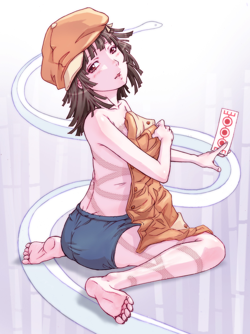 1girl, absurdres, bakemonogatari, barefoot, black_hair, blush, brown_eyes, buruma, buruma_nadeko, feet, female_focus, hat, highres, long_hair, monogatari_(series), newsboy_cap, ofuda, open_mouth, revision, sengoku_nadeko, short_hair, sitting, snake, soles, solo, toes, topless_female, wariza, yoshikawa_kazunori