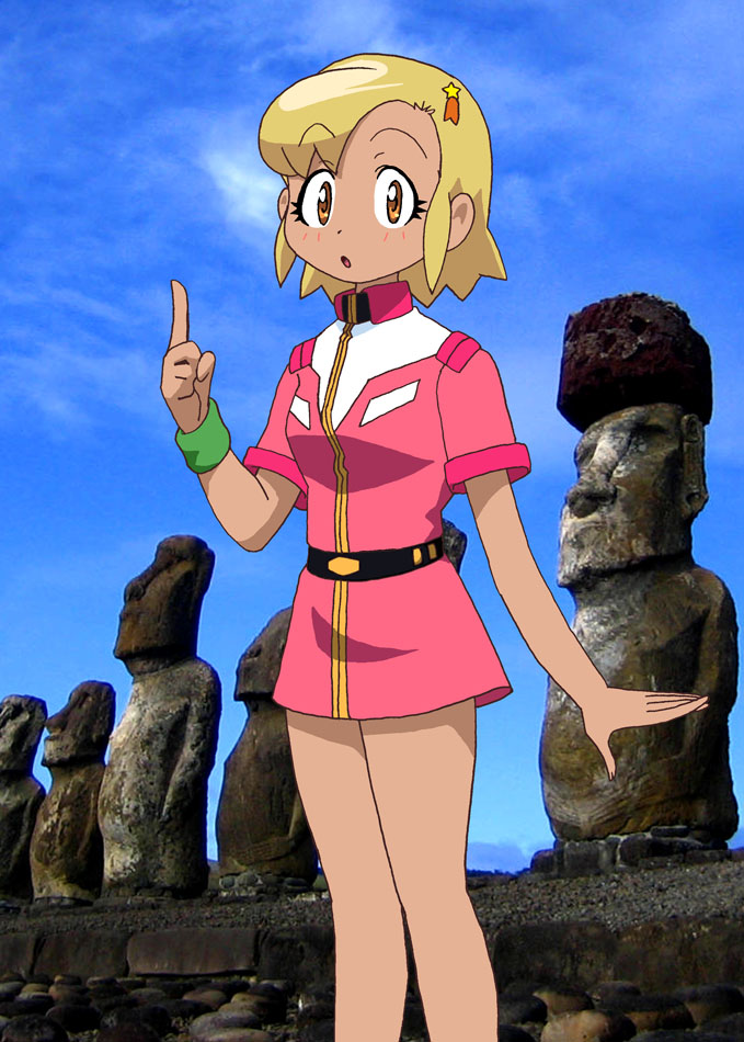 1girl, angol_mois, anifamu, armband, belt, blonde_hair, crossover, dark-skinned_female, dark_skin, easter_island, female_focus, gundam, hair_ornament, hairclip, keroro_gunsou, looking_at_viewer, military, military_uniform, moai, open_mouth, orange_eyes, pointing, sei009, short_hair, skirt, solo