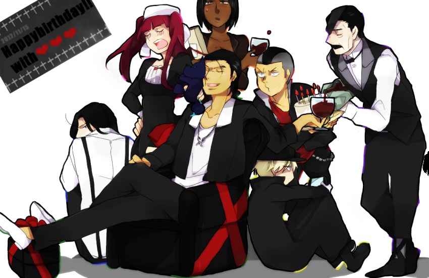 10s, 2012, 2girls, 5boys, black_hair, bleach, cake, dated