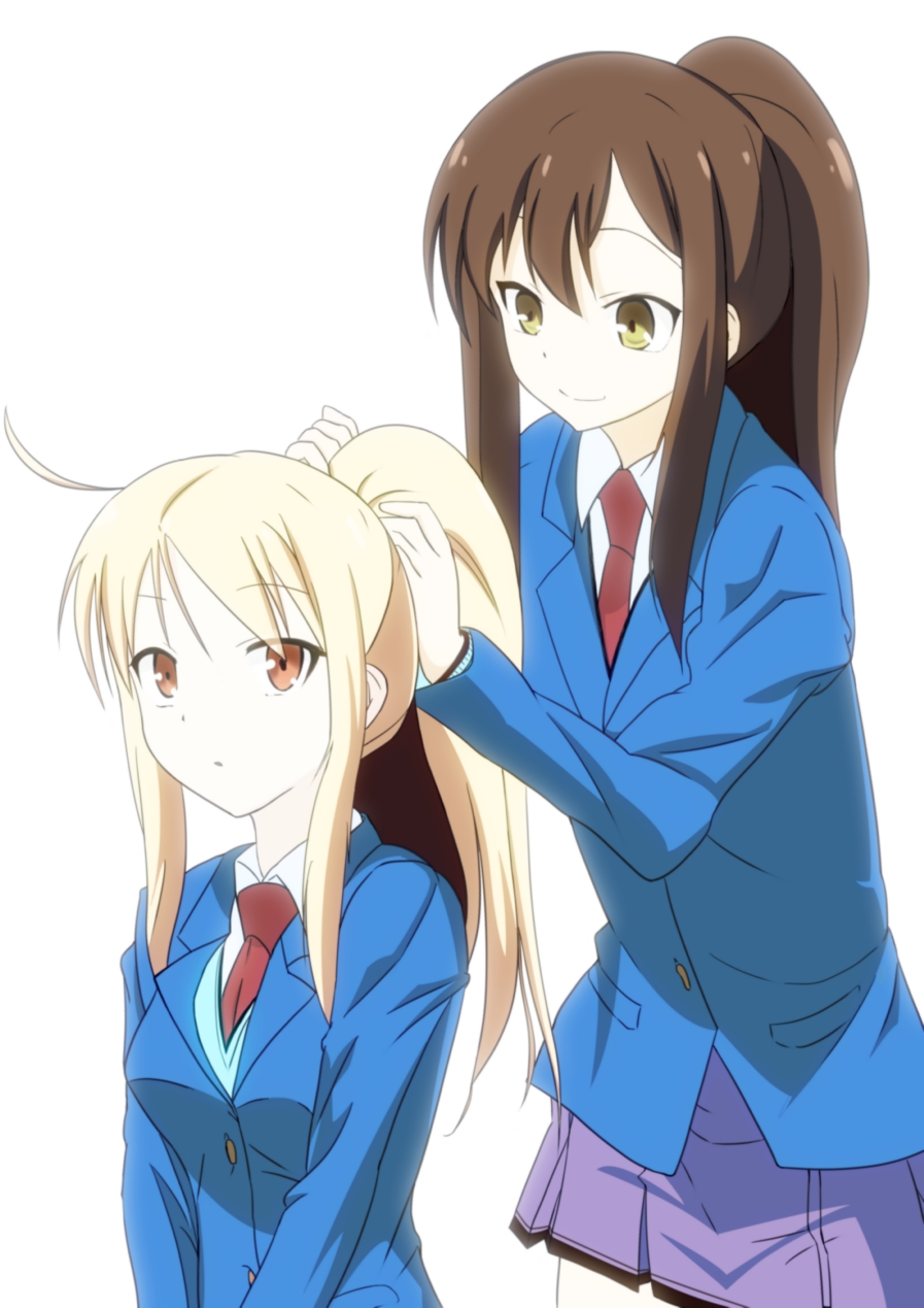 10s, 2girls, aoyama_nanami, blazer, blonde_hair, brown_hair, hairdressing, highres