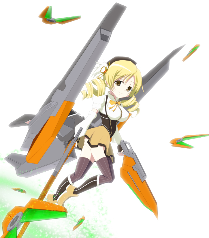 00s, 10s, 1girl, armor, blonde_hair, breasts, crossover, drill_hair, female_focus, flying, gn_particles, gun, gundam, gundam_00, gundam_00_a_wakening_of_the_trailblazer, gundam_harute, hair_ornament, hairclip, kalx, looking_at_viewer, mahou_shoujo_madoka_magica, skirt, smile, solo, soul_gem, tomoe_mami, twin_drills, weapon, white_background, yellow_eyes
