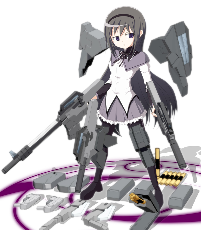 00s, 10s, akemi_homura, akemi_homura_(magical_girl), armor, black_hair, cherudim_gundam_saga, crossover, gun, gundam, gundam_00, kalx, long_hair, magical_girl, mahou_shoujo_madoka_magica, purple_eyes, rifle, shadow, simple_background, skirt, standing, weapon, white_background