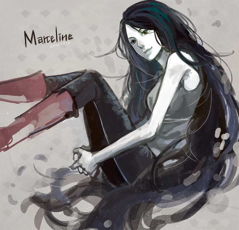 1girl, adventure_time, animification, bad_id, bad_pixiv_id, bite_mark, black_hair, boots, cartoon_network, character_name, dated, fang, female_focus, long_hair, marceline_abadeer, pipay, red_boots, smile, solo, vampire