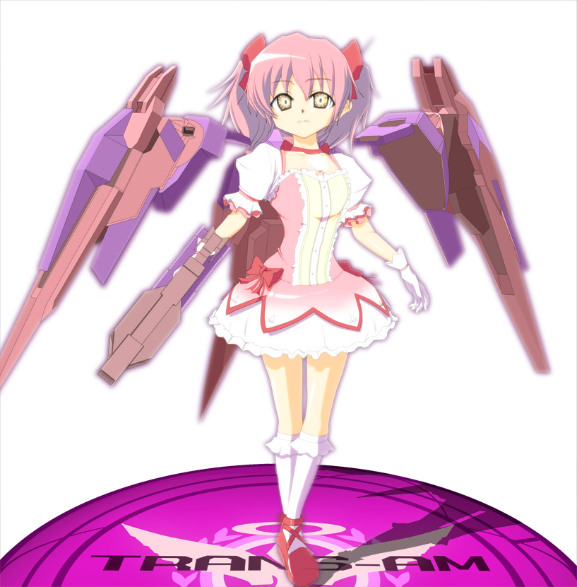 00_gundam, 00_raiser, 00s, 10s, 1girl, crossover, female_focus, frown, gundam, gundam_00, hair_ribbon, kalx, kaname_madoka, kaname_madoka_(magical_girl), looking_at_viewer, magical_girl, mahou_shoujo_madoka_magica, pink_hair, ribbon, solo, trans_am, twintails, weapon, white_background, yellow_eyes