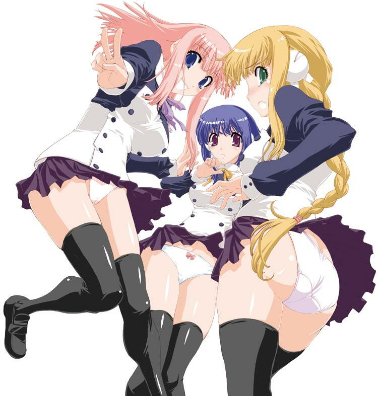 00s, 3girls, black_legwear, blonde_hair, blue_hair, blush, braid, bread