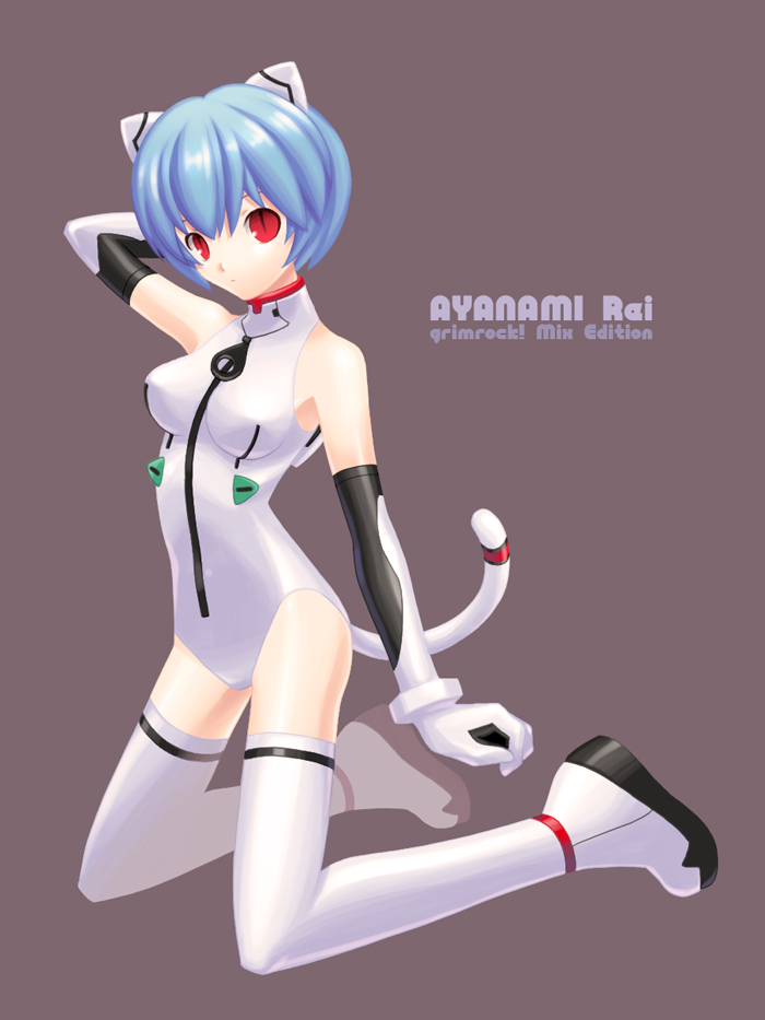 1girl, adapted_costume, animal_ears, arm_behind_head, armpits, ayanami_rei, bare_shoulders, blue_hair