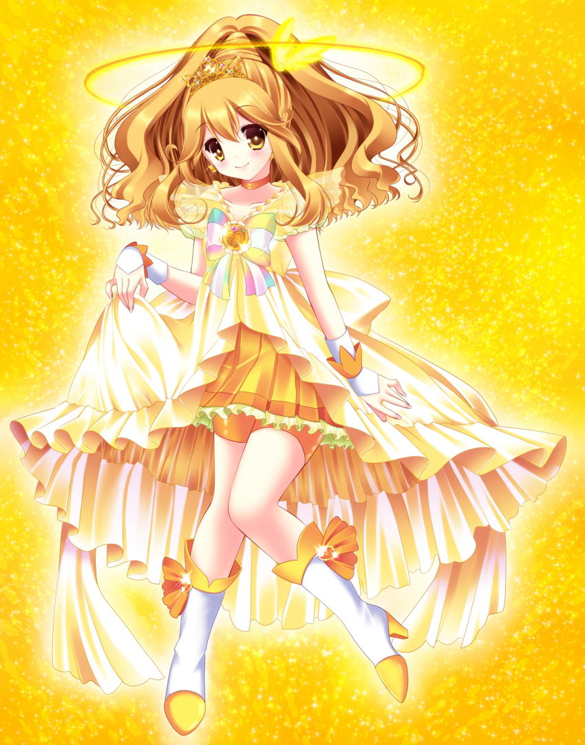 10s, 1girl, bike_shorts, bike_shorts_under_skirt, blonde_hair, boots, bow, brooch