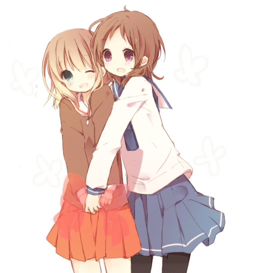 2girls, blazer, blush, brown_hair, fukuji_mihoko, highres, holding_hands, hug