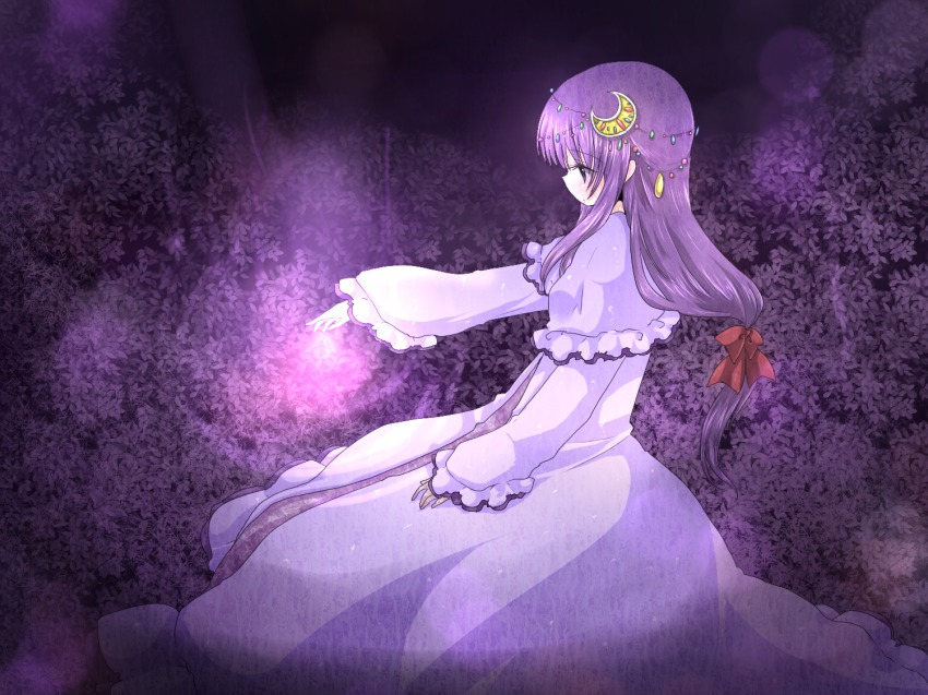1girl, crescent, crescent_hair_ornament, dress, female_focus, glowing, hair_ornament, hair_ribbon, kurageu, long_hair, patchouli_knowledge, purple_eyes, purple_hair, ribbon, solo, touhou