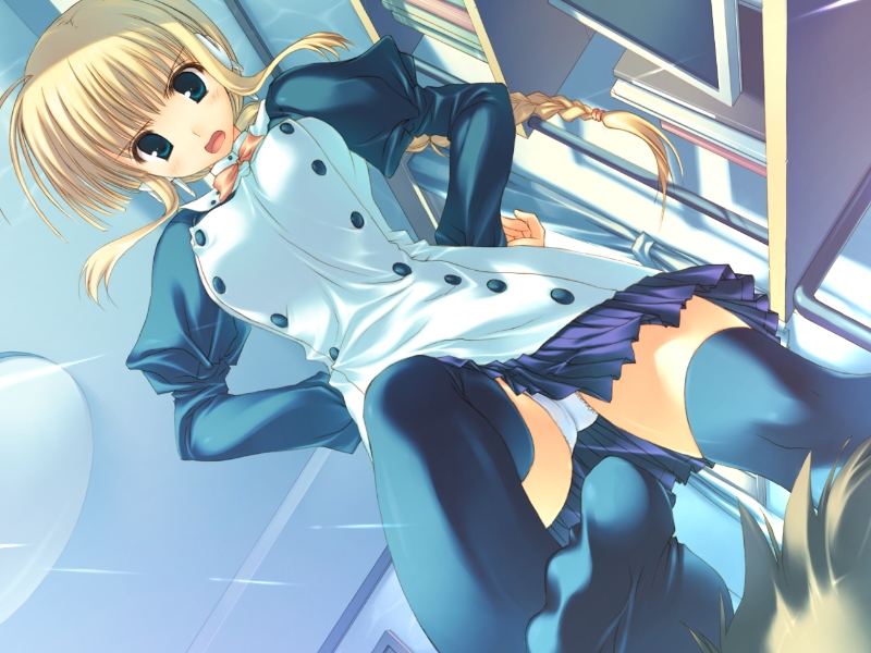 00s, 1girl, blonde_hair, bow, bowtie, braid, braided_ponytail, buttons