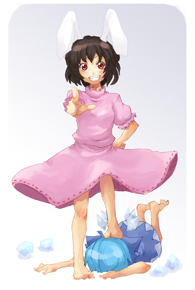 2girls, animal_ears, bad_id, bad_pixiv_id, barefoot, cirno, faceplant, feet