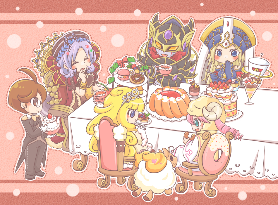 2boys, 2others, 4girls, aqua_eyes, armor, atusix, bare_shoulders, blonde_hair, blue_eyes, blue_skin, blush_stickers, breasts, brown_eyes, brown_hair, cake, chair, closed_eyes, colored_skin, detached_sleeves, divine_grace_-_northwemko, duel_monster, eating, endymion_(yu-gi-oh!), endymion_the_master_magician, food, glass, glasses, happy, heart, horns, ice_cream, jewelry, light_purple_hair, madolche_baaple, madolche_butlerusk, madolche_puddingcess, madolche_queen_tiaramisu, multiple_boys, multiple_girls, multiple_others, necklace, number_11_big_eye, pie, pink_hair, red_hair, sheep, sitting, smile, spoon, sundae, table, tea, teapot, white_magician_pikeru, yellow_eyes, yu-gi-oh!