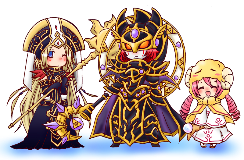 1boy, 2girls, atusix, blonde_hair, blue_eyes, blush, blush_stickers, cape, divine_grace_-_northwemko, duel_monster, endymion_(yu-gi-oh!), endymion_the_master_magician, happy, helmet, horns, long_hair, multiple_girls, one_eye_closed, orange_eyes, pink_hair, red_hair, sheep, staff, sun, twintails, white_magician_pikeru, wink, yu-gi-oh!