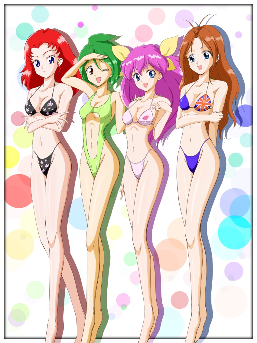 1990s_(style), 4girls, ai_tenshi_densetsu_wedding_peach, bikini, blue_eyes, brown_eyes, brown_hair, commission